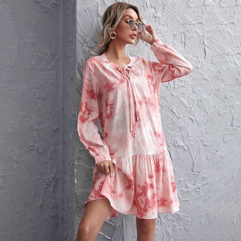 

Tie Dye Knot Front Ruffle Hem Dress, Multicolor