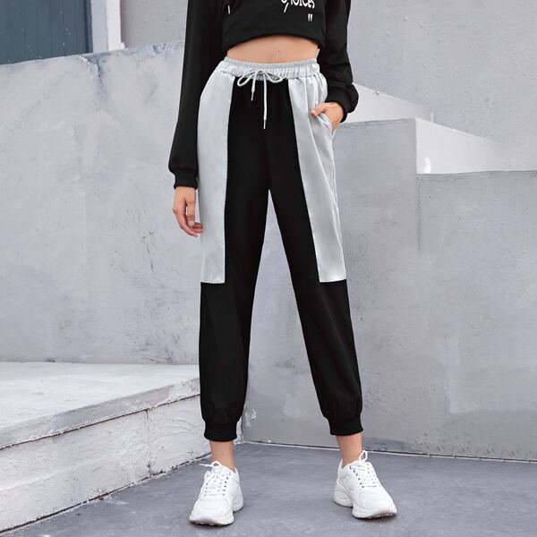 

Colorblock Drawstring Waist Cropped Sweatpants, Black