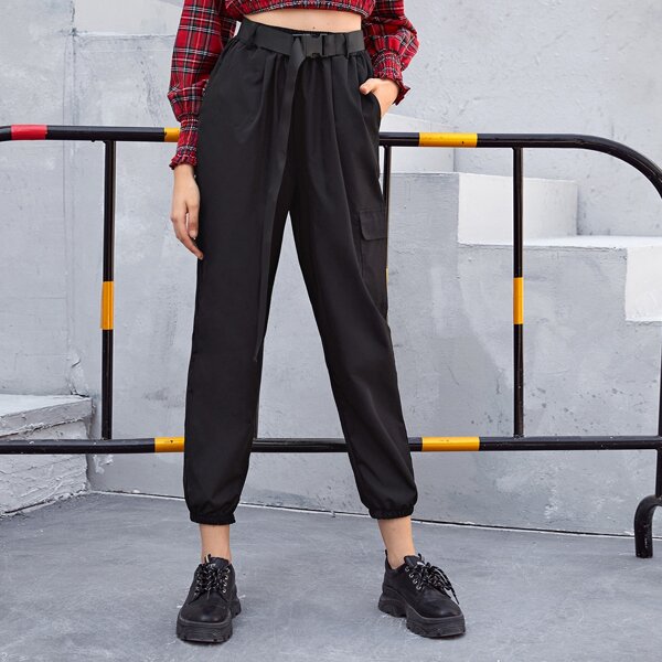 

Pocket Side Belted Cropped Cargo Pants, Black