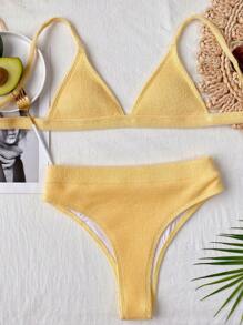 Rib Triangle High Waisted Bikini Set Summer Beach - Yellow - View 3