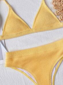 Rib Triangle High Waisted Bikini Set Summer Beach - Yellow - View 4