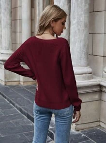Chiquease Solid Ribbed Knit Sweater,Long Sleeve Tops