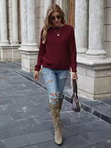 Chiquease Solid Ribbed Knit Sweater,Long Sleeve Tops