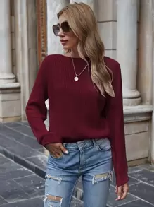 Chiquease Solid Ribbed Knit Sweater,Long Sleeve Tops