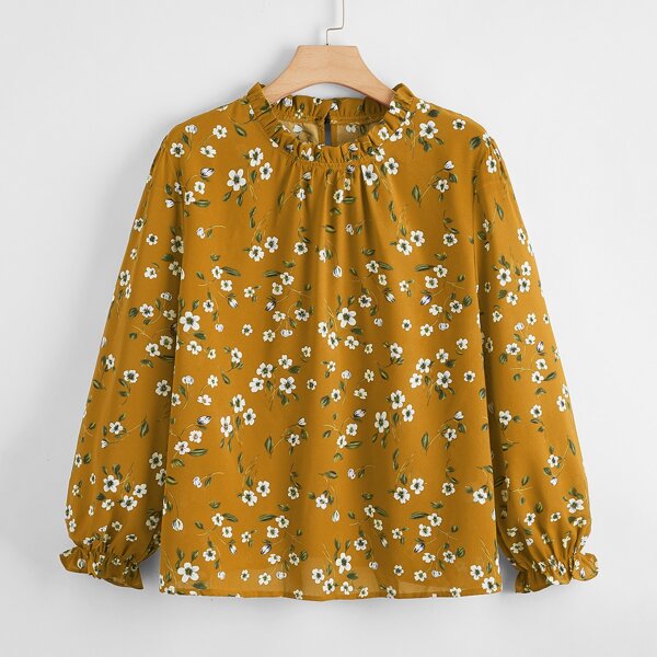 

Plus Floral Print Frill Neck Flounce Sleeve Blouse, Mustard yellow