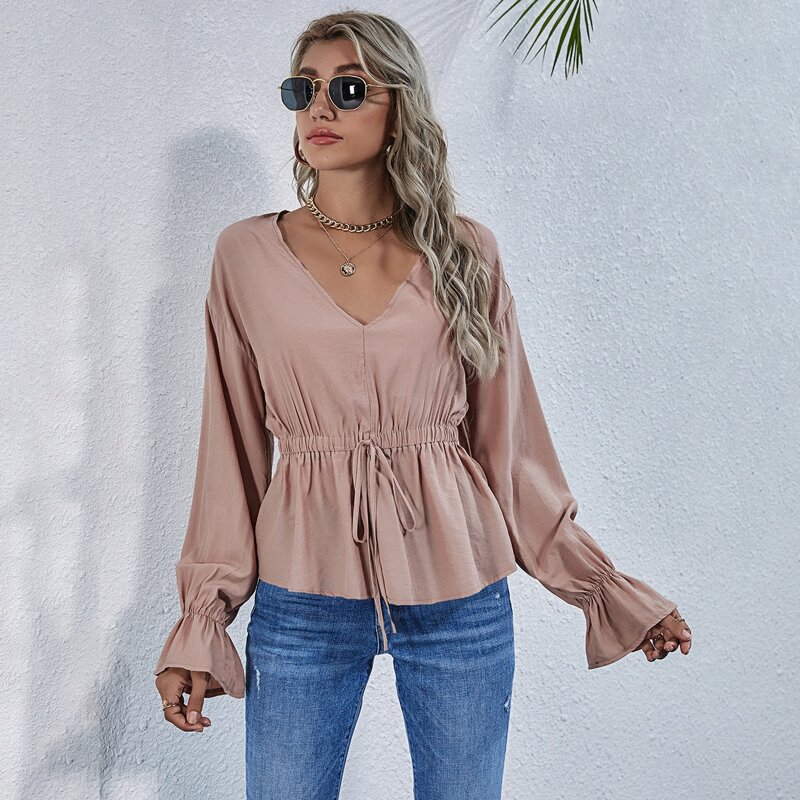 

Drawstring Waist Flounce Sleeve Top, Dusty pink