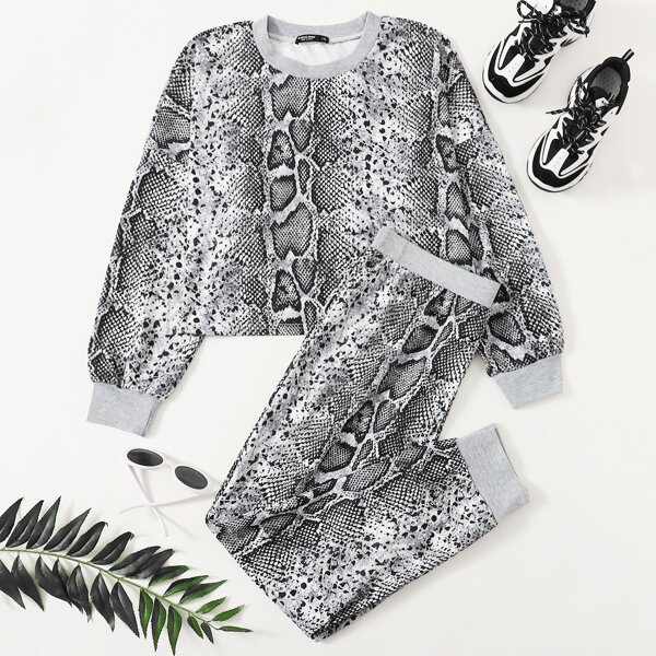 

Plus Snakeskin Print Tee With Sweatpants, Grey
