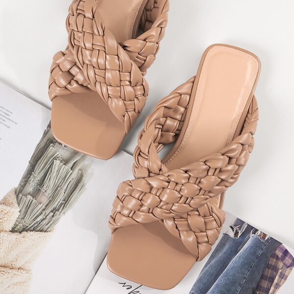 

Braided Crisscross Vamp Square Toe Sandals, Apricot