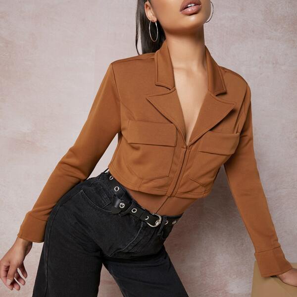 

Notched Lapel Shoulder Pads Long Sleeve Bodysuit, Brown