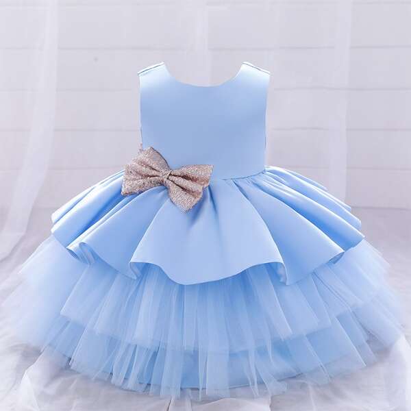

Toddler Girls Sequin Panel Bow Layered Gown Dress, Baby blue