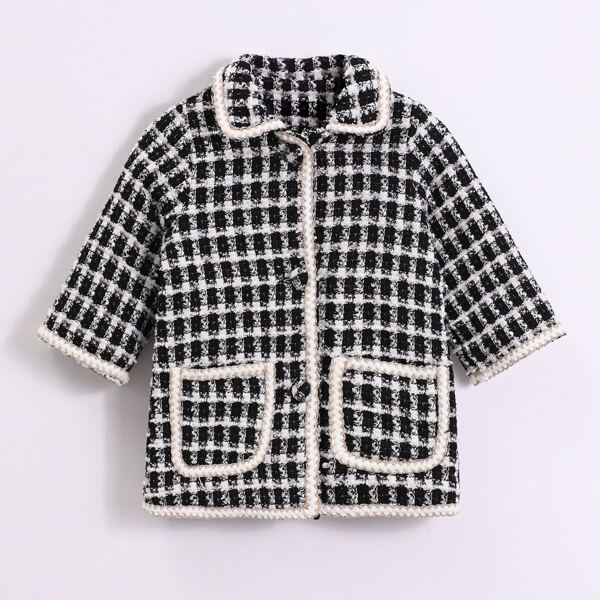 

Toddler Girls Tweed Plaid Dual Pocket Overcoat, Black and white