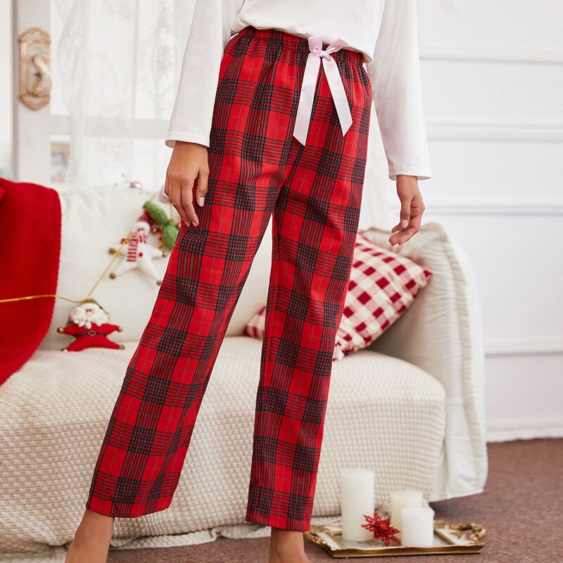 

Plaid Bow Front Sleep Pants, Red