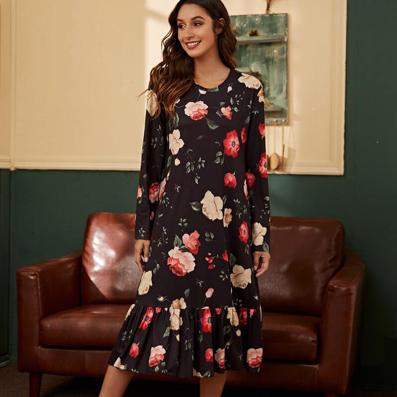 

Allover Floral Ruffle Hem Sleep Dress, Black