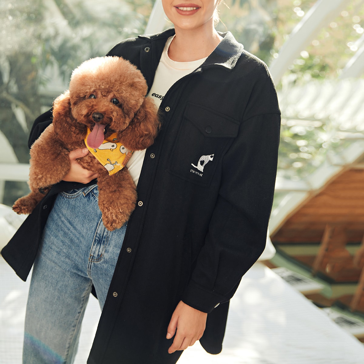 Image of Drop Shoulder Flap Pocket Embroidered Detail Overcoat