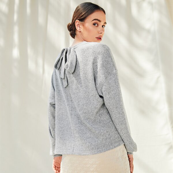 

Drop Shoulder Tie Back Solid Sweater, Light grey