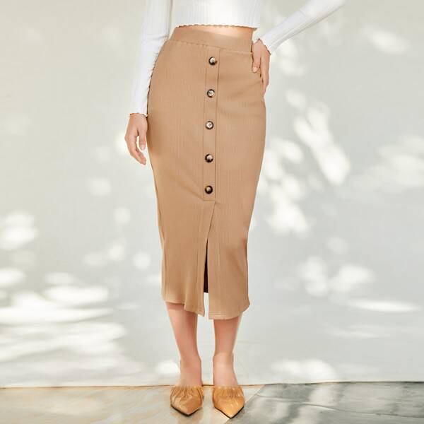 

Button Front Rib-knit Pencil Skirt, Apricot