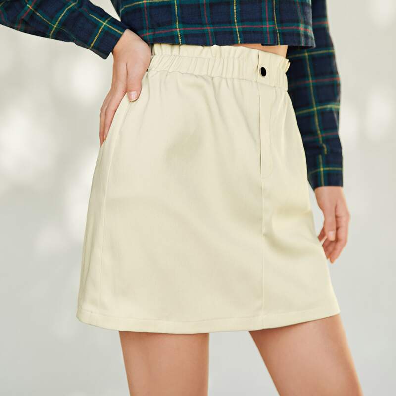

Paperbag Waist Pocket Patched Skirt, Beige