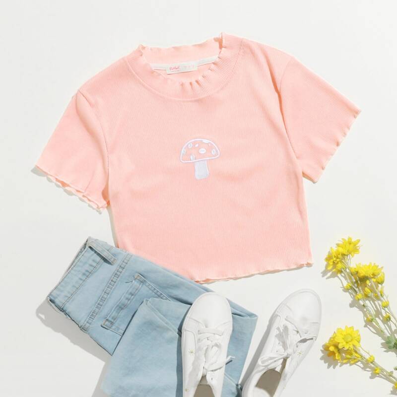 

Mushroom Embroidery Crop Tee, Baby pink