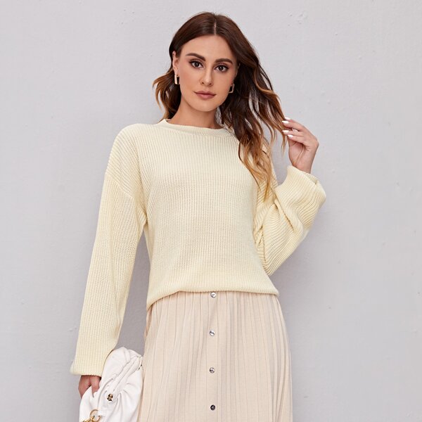 

Drop Shoulder Solid Sweater, Beige