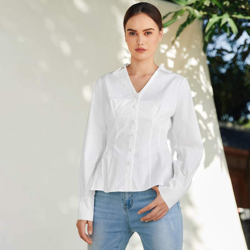 

Button Front Solid Blouse, White