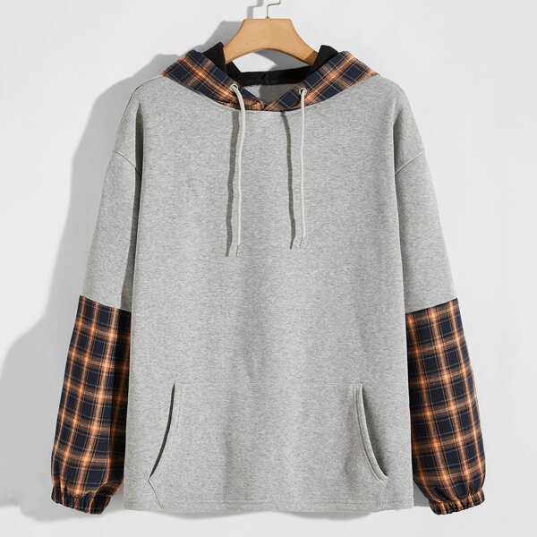 

Men Contrast Plaid Drawstring Hoodie, Light grey