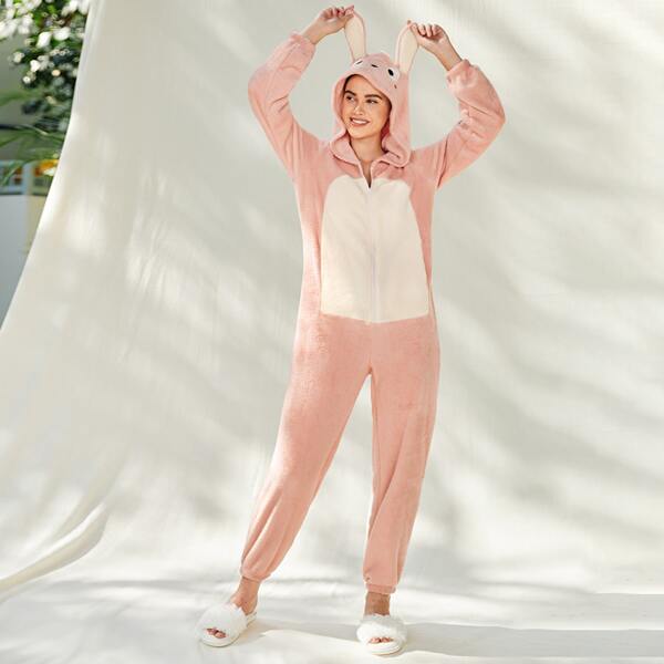

Color Block Rabbit Hooded Teddy Night Jumpsuit, Pastel baby pink