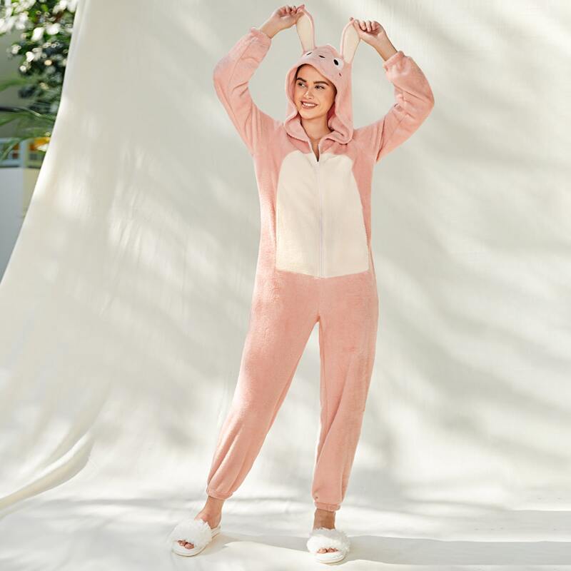 

Color Block Rabbit Hooded Teddy Night Jumpsuit, Pastel baby pink