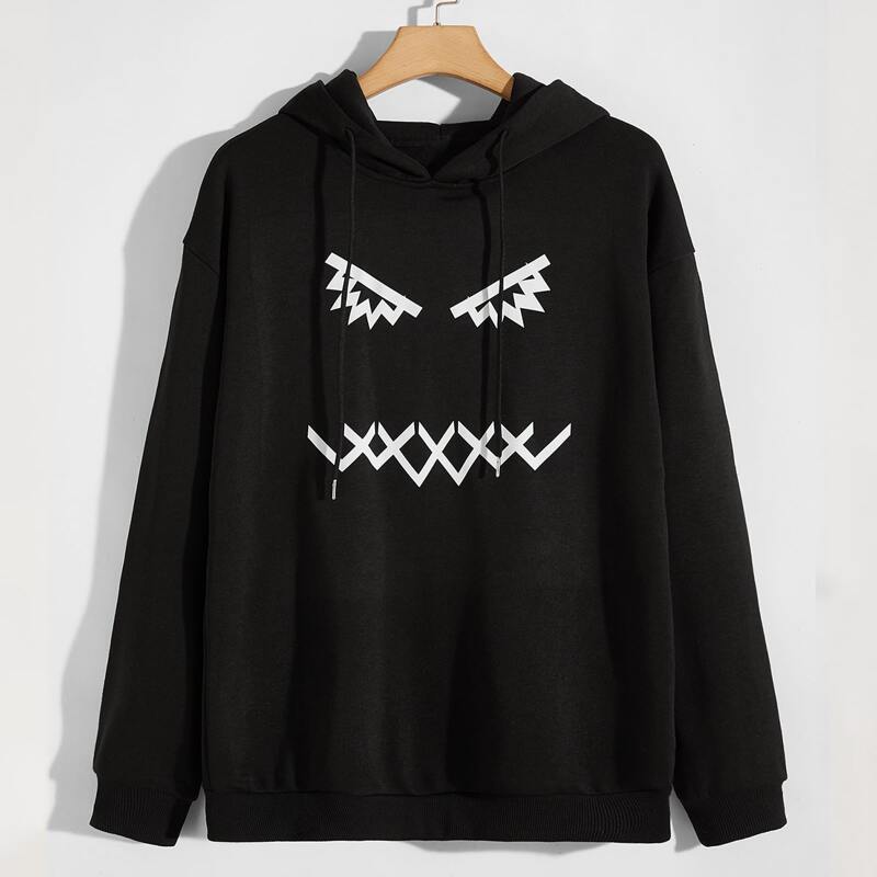 

Guys Graphic Print Drawstring Hoodie, Black