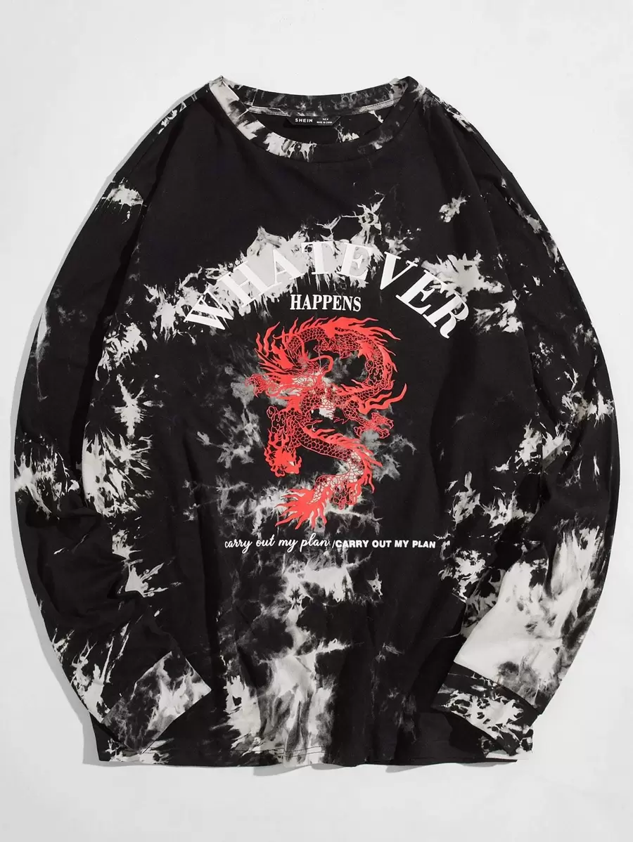 Manfinity VCAY 男士棉標語圖案中國龍紮染T恤