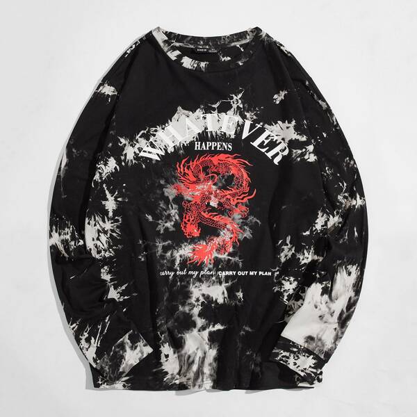 

Men Slogan Graphic Chinese Dragon Tie Dye Tee, Black