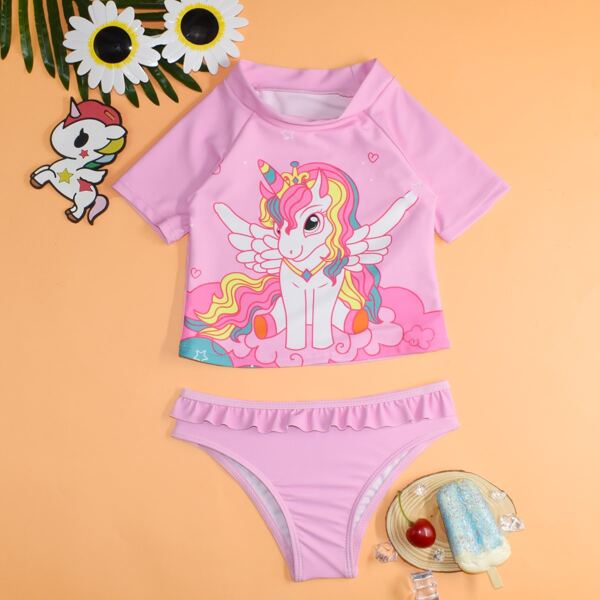 

Toddler Girls Unicorn Ruffle Hem Bikini Swimsuit, Pink