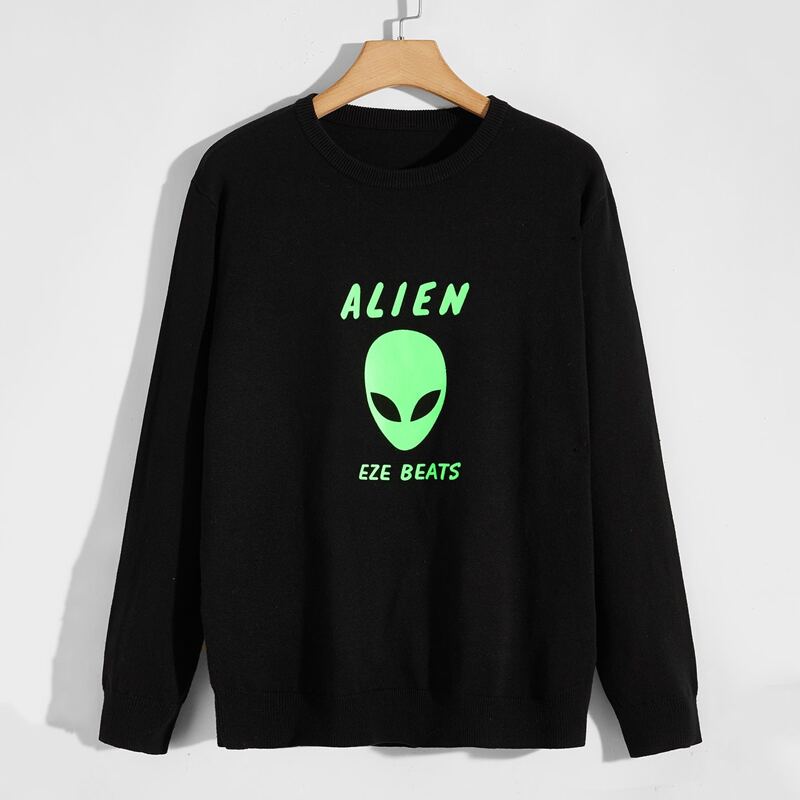 

Guys Letter & Alien Pattern Sweater, Black