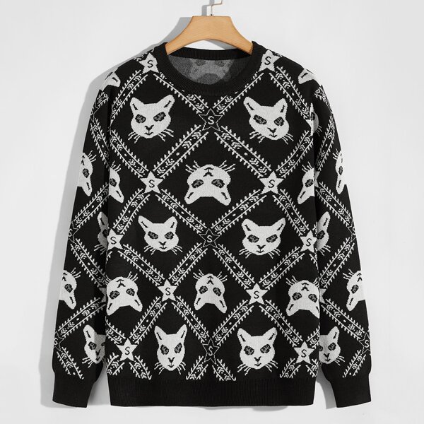 

Men Cat & Geo Pattern Sweater, Black and white