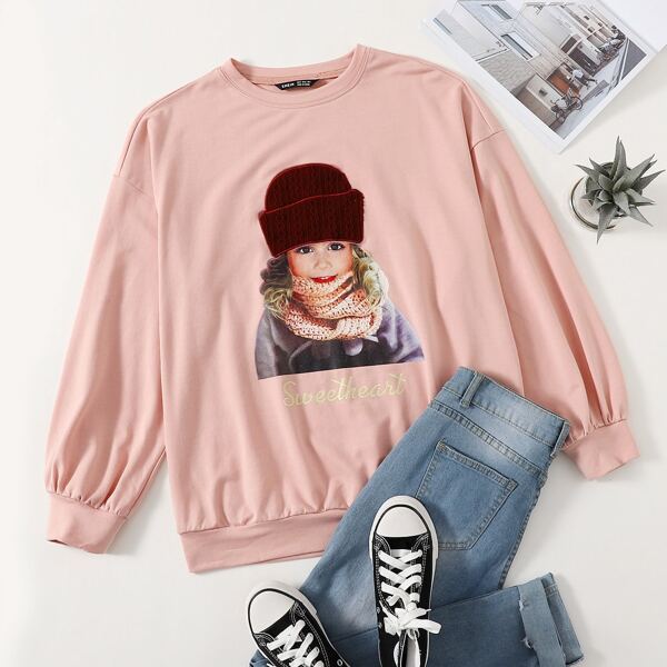 

Drop Shoulder Figure & Letter Graphic Pullover, Pastel baby pink