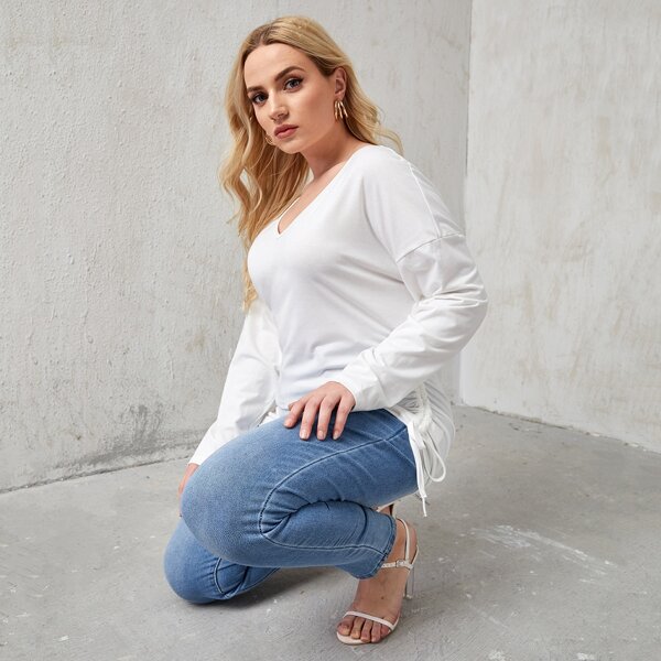 

Plus Drop Shoulder Drawstring Ruched Tee, White