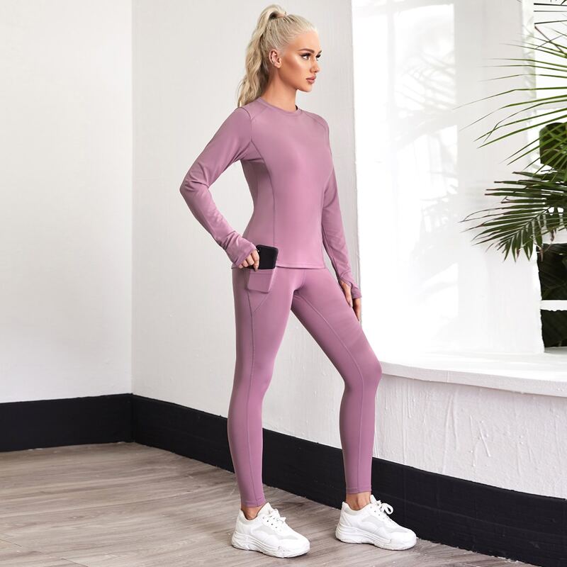 

Solid Sports Tee With Thumb Hole & Leggings, Mauve purple