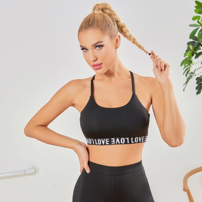 

Light Support Contrast Letter Tape Criss Cross Back Sports Bra, Black
