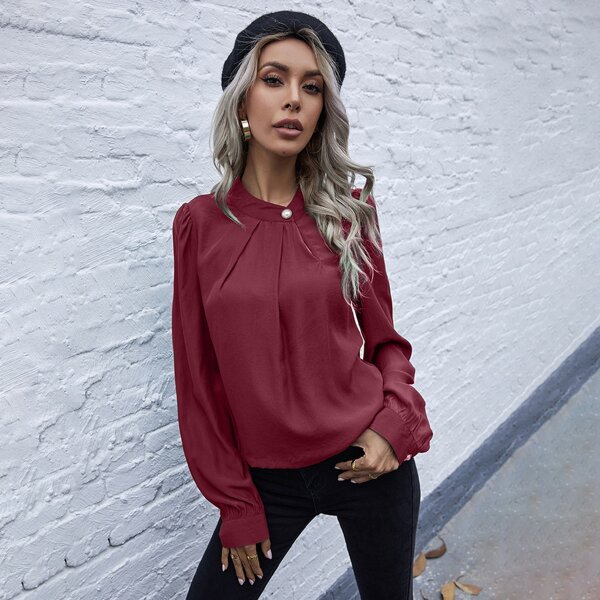 

Solid Pearls Detail Puff Sleeve Blouse, Burgundy