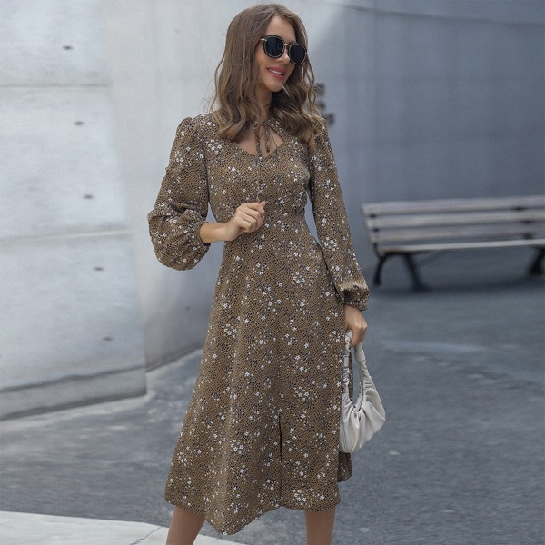

Cheetah Print Tie Neck Split Front Dress, Mocha brown