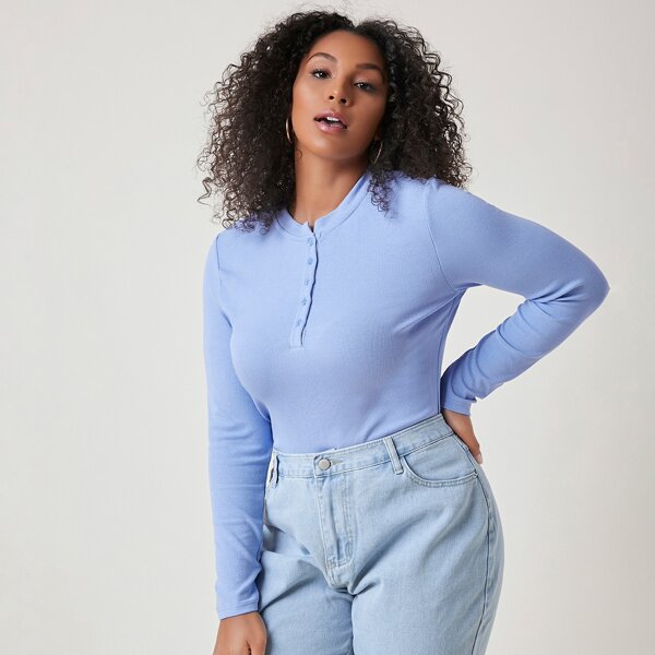 

Plus Button Half Placket Rib-knit Tee, Blue