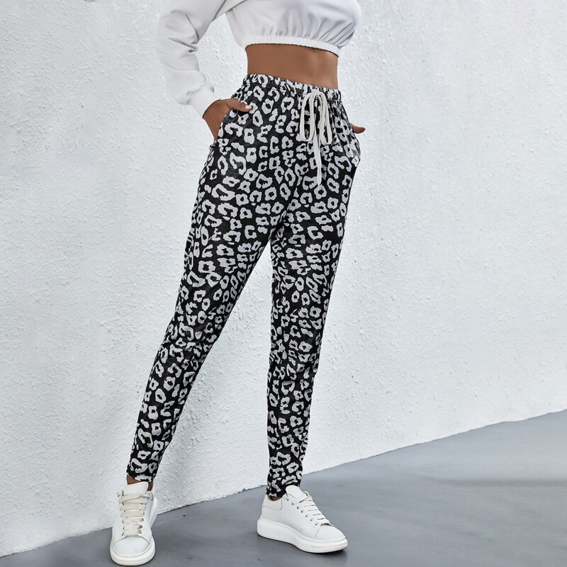 

Leopard Print Knot Front Pants, Black and white