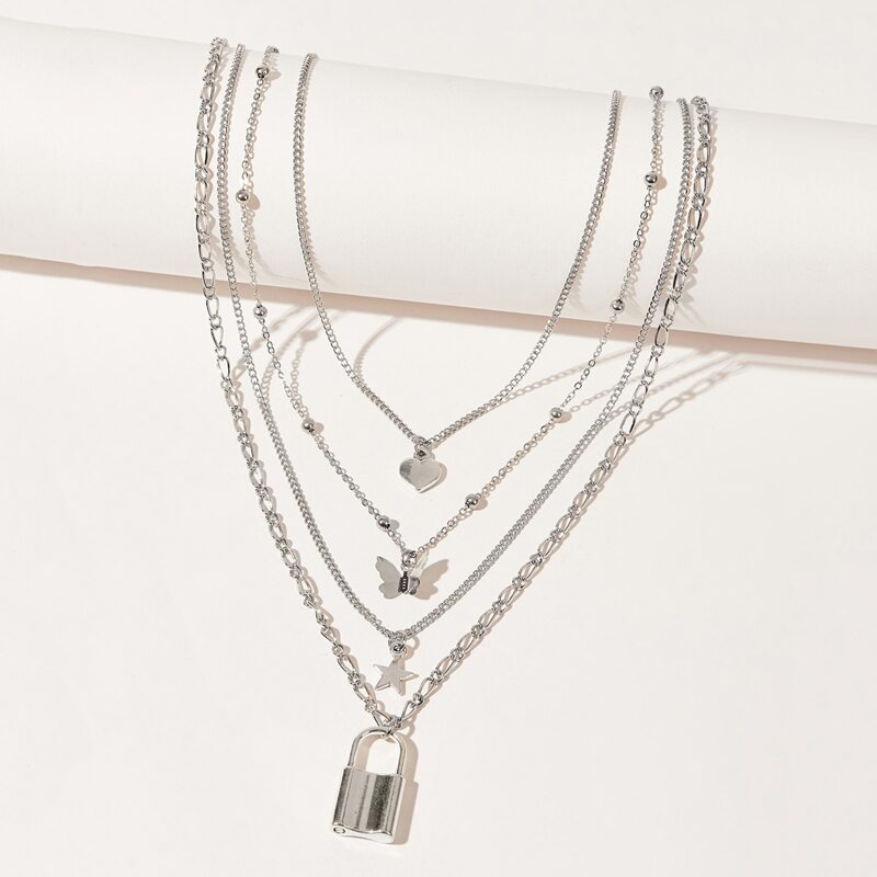 

4pcs Butterfly & Lock Pendant Necklace, Silver