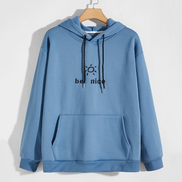 

Men Slogan Embroidery Kangaroo Pocket Hoodie, Dusty blue