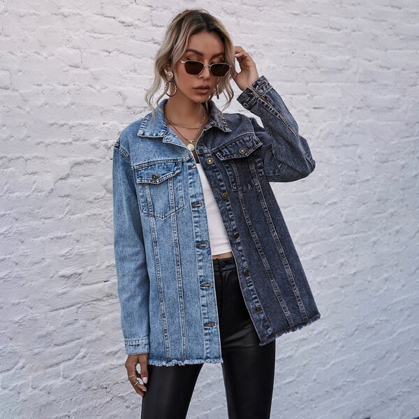 

Two Tone Raw Hem Single Breasted Denim Coat, Multicolor