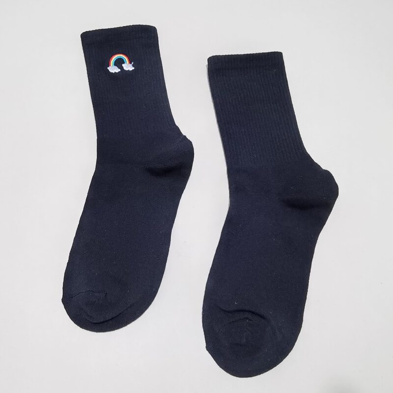 

1pair Rainbow Embroidery Crew Socks, Black