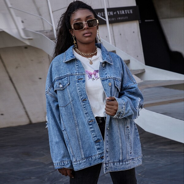 

Plus Button Front Ripped Denim Jacket, Light wash