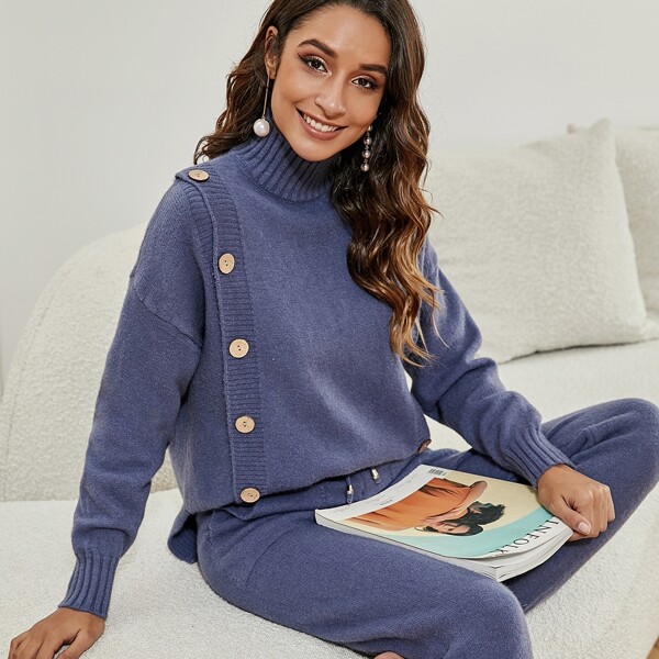 

High Neck Button Through Sweater & Knit Pants, Dusty blue