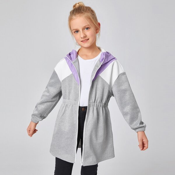 

Girls Contrast PU Leather Panel Elastic Waist Hooded Coat, Light grey
