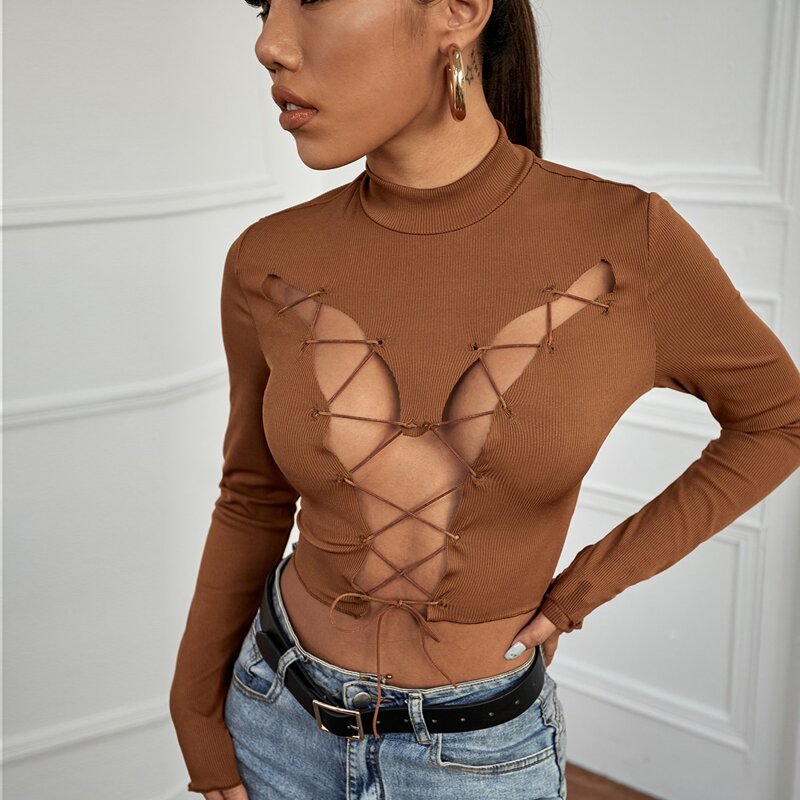 

Mock Neck Lace Up Front Crop Tee, Coffee brown