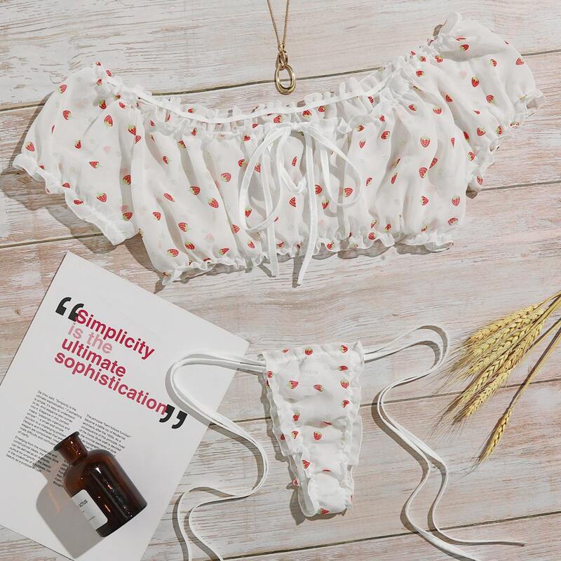 

Strawberry Print Chiffon Knot Detail Lingerie Set, White